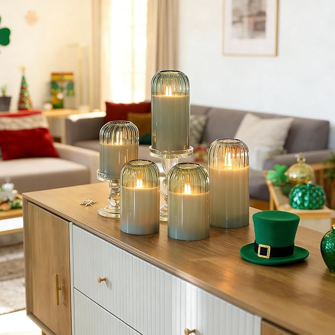 Green Flameless Battery Operated Candles with Remote, Set of 5 Glass Jar LED Candles with Dancing Flame, Flickering Electric Candlelight for Home Wedding Party Decor H4”5”5”6" 6”