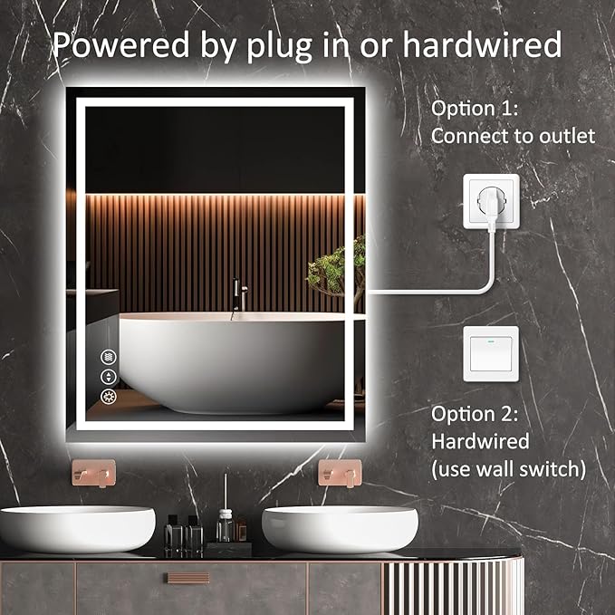 LED Bathroom Mirror 36x30 Inch Anti-Fog Bathroom Mirror with Lights, Wall Mounted Lighted Vanity Mirrors, Dimmable, Backlit + Front Lit, Smart Bathroom Vanity Mirror with 3 Colors Temperature