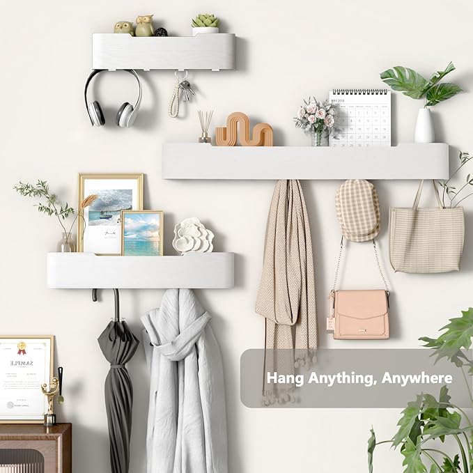 Coat Rack Wall Mount Entryway Organizer Modern Key Holder Wall Mount with Wooden Shelf Entryway Hooks for Bedroom Kitchen Hallway Bathroom for Hanging Coats Hats Dog Leashes Bags Towels