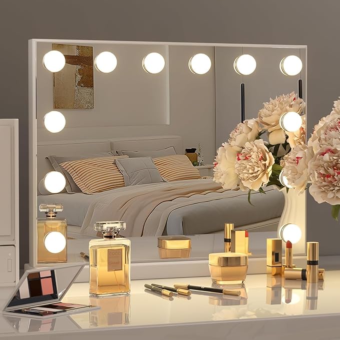 Kottova Vanity Mirror with Lights, 23"x18.1" Lighted Makeup Mirror with 15 Dimmable LED Bulbs, Hollywood Mirror with 3 Color Lightings, USB Charging Port Touch Control, Metal Frame,Plug in (White)