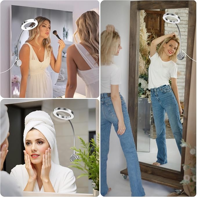 Suction Cup LED Vantiy Lights for Mirror, Flexible Gooseneck Stick on Selfie Ring Light for Makeup Vanity Table & Bathroom Mirror, 3 Color Modes & 10 Brightness, Plug in, Silver
