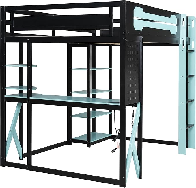 MERITLINE Ultimate Gaming & Study Loft Bed: Full Size Wood Frame with Integrated Desk, RGB Lights, Charging Station, Bookshelf & Pegboard (Black+Blue)