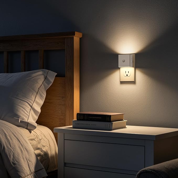 DORESshop LED Night Lights Plug into Wall [2 Pack], Motion Sensor Night Light Brightness Adjustable Motion Activated Nightlight with Dusk to Dawn for Bedroom, Bathroom, Hallway, 3000K, White