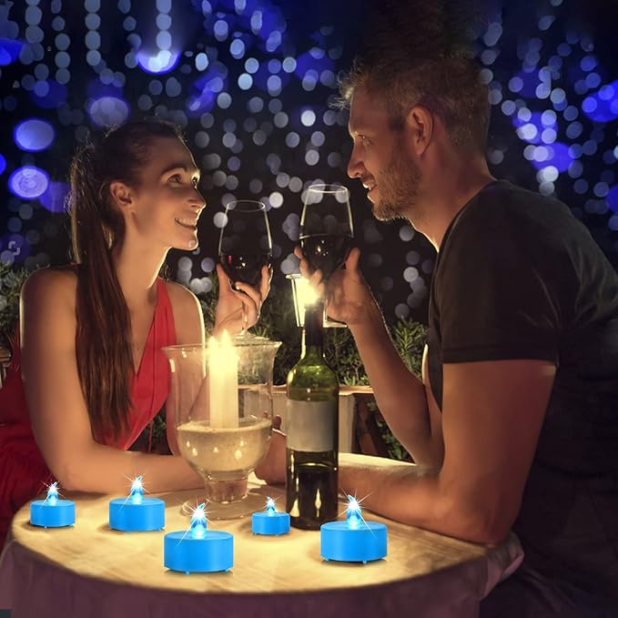 Battery Operated Tea Lights Candles-LED Flameless Flickering Votive Electric Candle lamp Long Lasting 200 Hours,24 Pack Realistic and Bright for Seasonal Festive Celebrations Decoration (Blue)