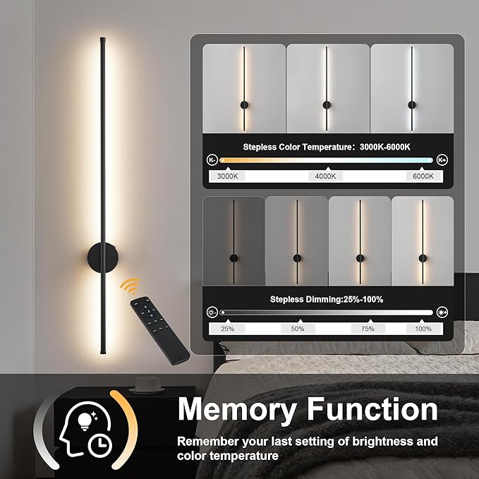 Motion Sensor Battery Operated Wall Sconce Set of Two - Modern Rechargeable Wireless Wall Lights with Remote Control, Dimmable, 3000K/4000K/6000K, Timer for Living Room, Hallway, Black, 39.3 Inch