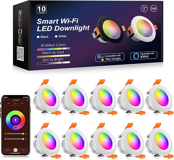 YGS-Tech Smart 3 Inch Recessed Lighting, WiFi LED Downlight 5W 120V, Compatible with Alexa and Google Home, Dimmable RGB & CCT 2700-6500K, Black Trim, LED Ceiling Light with Driver (10 Pack)
