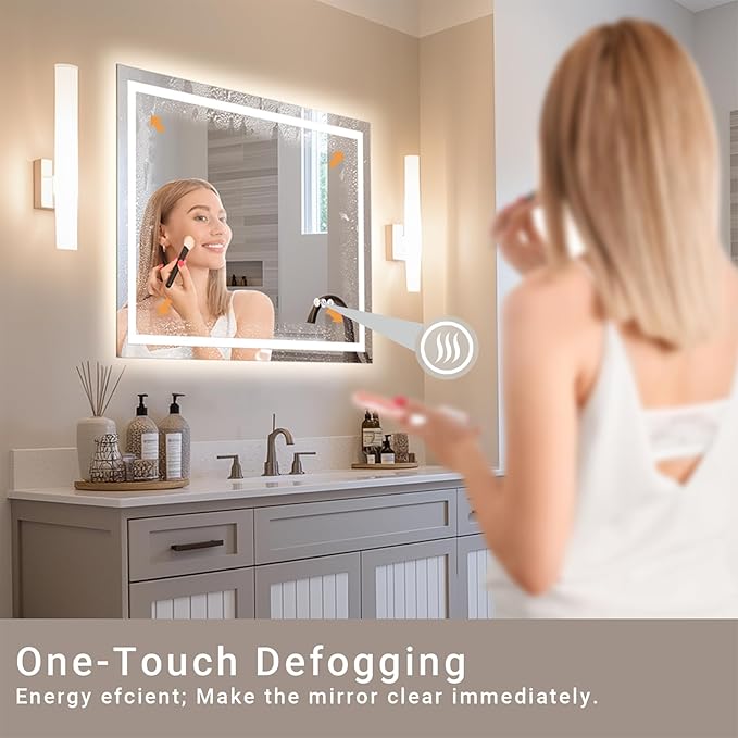 24"x 32" LED Bathroom Mirror with Stepless Dimmable, Backlight Wall Mirrors with Anti-Fog Bathroom Digital Mirror for Wall, 3 Color Modes, Memory Function Smart Mirror