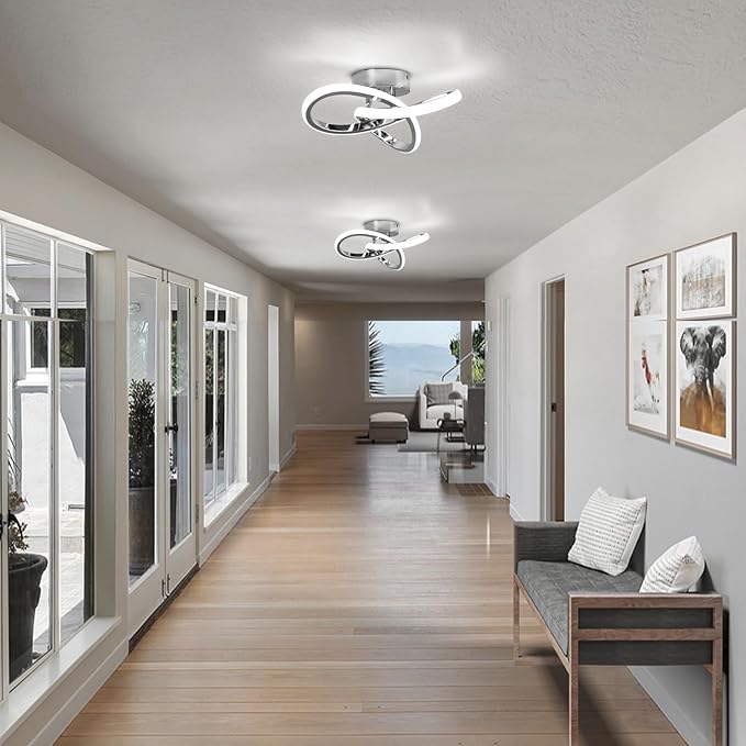 Modern LED Ceiling Lights, 9.5in Chrome Hallway Ceiling Light fixtures 22W Cool White 6000K, Flush Mount Ceiling Light for Kitchen,Aisle, Entrance, Bedroom, Bathroom, Living Room
