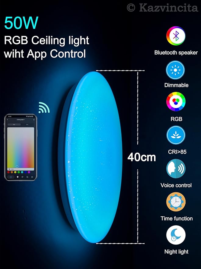 Dimmable Round LED Ceiling Light Flush Mount 16 Inch 50W Built-in Bluetooth Speaker Modern Lighting Fixtures RGB Ambient Ceiling Lamp Suitable for Bedrooms Kitchen Kids' Rooms and More