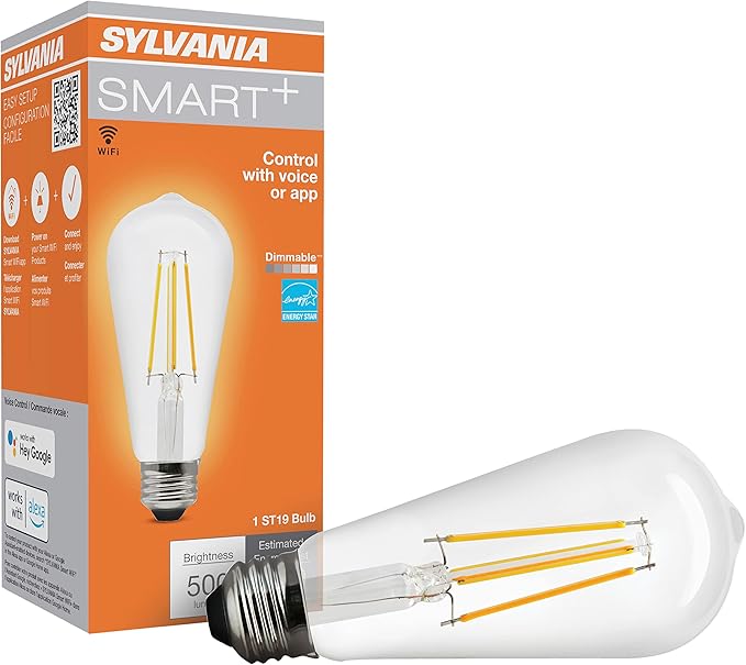 Sylvania WiFi LED Smart ST19 Light Bulb, 5W Efficient with Filament, for Alexa/Google Assistant, Energy Star, Clear, 2700K, Soft White - 1 Pack (75799)