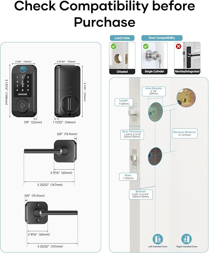 Keyless Door Lock with Handle Set - SMONET WiFi Fingerprint Smart Locks for Front Door, App Remote Control, Digital Bluetooth Keypad Deadbolt Set with Alexa, Auto Lock, Code, Fobs for Home Black