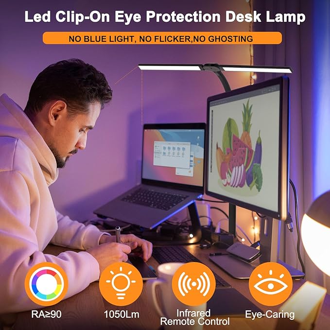 LED Desk Lamp for Home Office,Dimmable Computer Light with Clamp,24W 5 Color Double Head Study Lamp with Adjustable Flexible Gooseneck for Workbench Reading Drafting Monitor