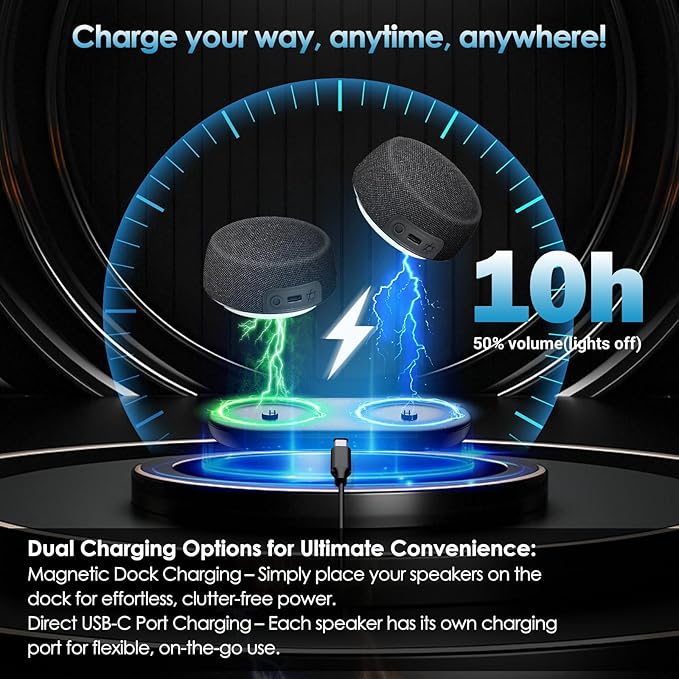 Dual Bluetooth Speaker Set with Magnetic Base & Phone Stand - TWS Stereo Sound, 10H Playtime, 3H with RGB Music Lights On- Bluetooth Wireless Speaker for Home Theater, Outdoor,TV Watching, Multi Room