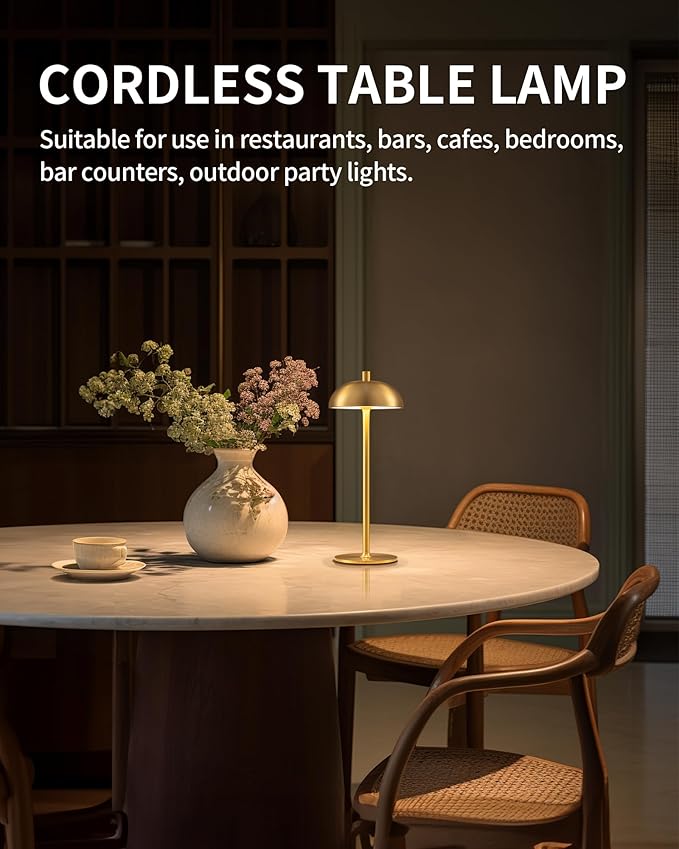 Cordless LED 12" Small Table Lamps Set of 2, Modern Portable Desk Lamp, 3 Color Dimming Rechargeable Battery Lights, for Bedroom, Outdoor, Restaurant, Bedside, Baby Night Light, Gifts (Gold)