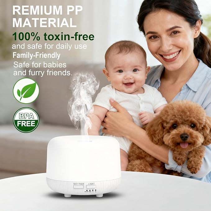 Aromatherapy Diffuser, 300ML Remote Control Essential Oil Diffusers, White Wood Grain Humidifier with 8 Colors Light 4 Timer Mode, Ultrasonic Scent Diffuser for Home, Office