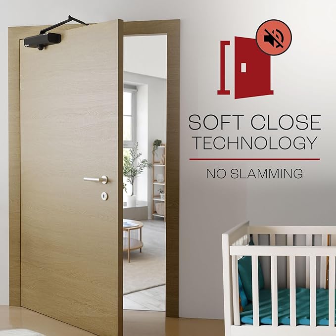 PrimeWare DC-600 Automatic Adjustable Door Closers for Home | Soft Close, No Slam | Residential and Commercial Door Closer | Level 1-6 | for Doors Weighing 30-300 lbs | Hydraulic Door Spring - Black