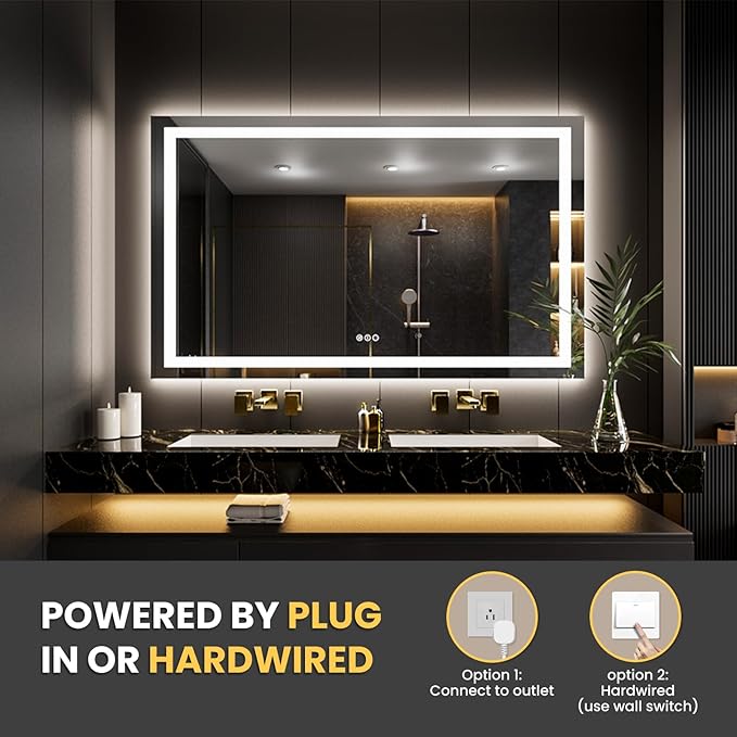 LOAAO 65"x40" LED Bathroom Mirror with Lights, Anti-Fog, Dimmable, Backlit + Front Lit, Lighted Bathroom Vanity Mirror for Wall, Memory Function