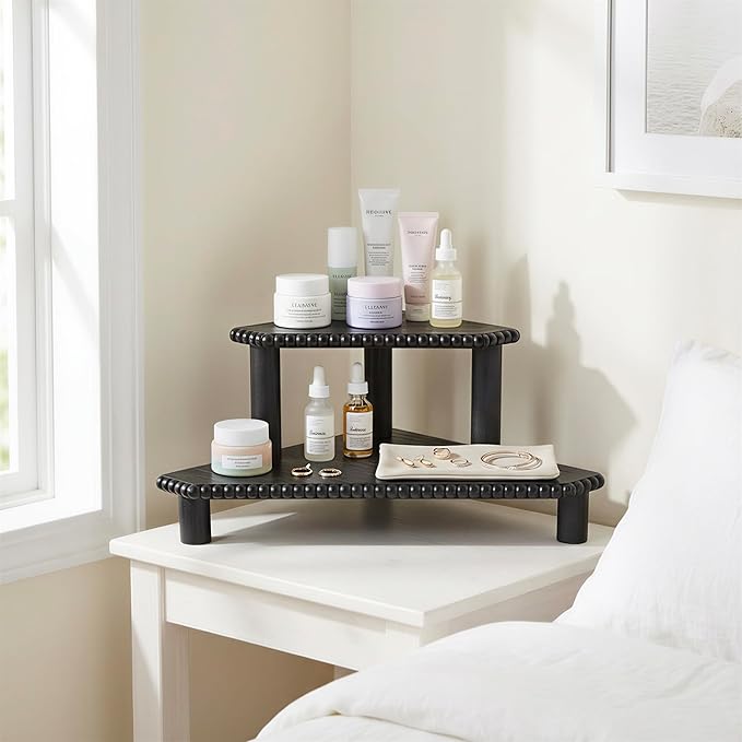 2-Tier Rustic Corner Shelf for Kitchen Counter,Wood Beaded Farmhouse Countertop Organizer with Removable Feet, Stackable Bathroom Vanity & Coffee Bar Decorative Riser Stand(Rustic Black)