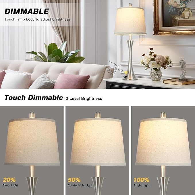 27.5" Silver Table Lamps, Touch Bedside Lamps with USB C+A Ports, 3 Way Dimmable Nightstand Lamps for Bedroom, Living Room, Office, Silver Lamp with Beige Lampshade, Bulbs Included (1 Pack)
