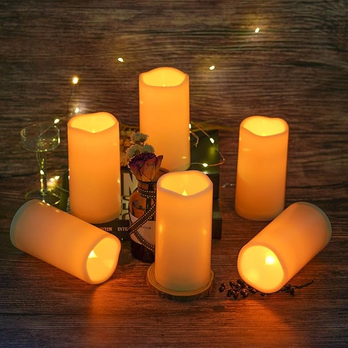 Amagic 3" x 6" Outdoor Waterproof Flameless Candles, Battery Operated Candles with Remote and Timer, Flickering Electric LED Pillar Candle for Outdoor Patio, Garden, Indoor Room Decor, Ivory, Set of 6