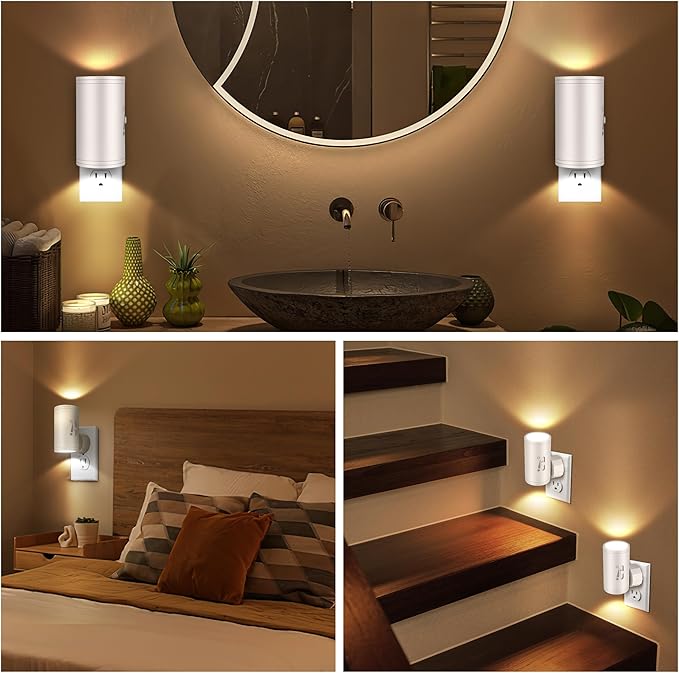 4 Pack LED Plug-in Wall Night Light with Dimmable 0-300 Lumens, 3000K Soft White, Auto On/Off Light Sensor & Adjustable Head for Hallway, Stairs, Bedroom