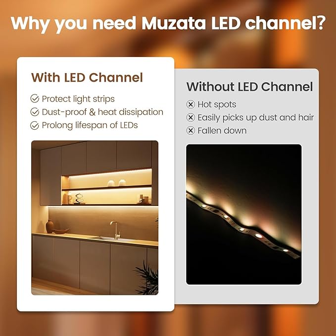 Muzata 20Pack 6.6FT/2M V Shape LED Channel Silver Aluminum LED Strip Diffuser Channel with Milky White Cover Frosted Corner Lighting Easy Installation V1SW WW 2M