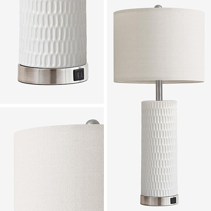 26.5" White Lamps for Bedroom Set of 2, Modern Table Lamps for Living Room with USB C+A Ports, Touch Lamps for Nightstand, Oatmeal Shade
