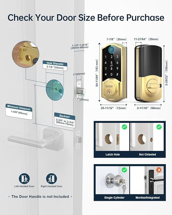 SMONET Smart Lock Keyless Entry Door Lock,Brass Fingerprint Smart Deadbolt with App Remote Control,Electric Bluetooth Digital Door Locks for Front Door,Easy to Install,Gold