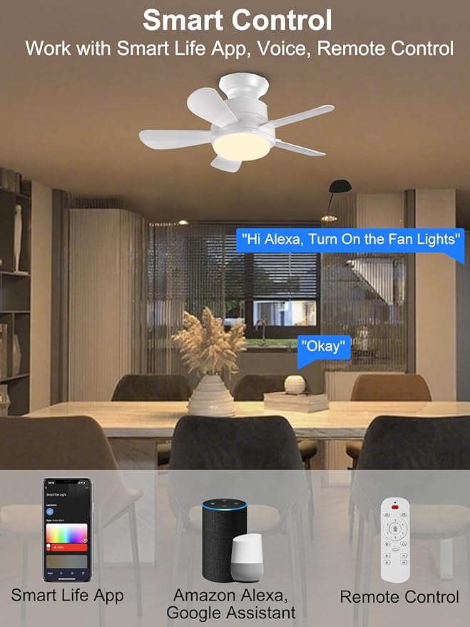 Ligency 16" Smart Socket Fan Light with Alexa - Screw-in Small Ceiling Fan with Remote, RGBW & 3000-6500K Dimmable, 6-Speed Reversible Quiet Motor, E26/E27 Base Fan for Bedroom, Garage, White