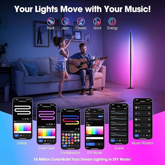 Floor Lamp,RGBICW Led Lamp Compatible with Alexa and Google Assistant,60 Inch 4 Segment Detachable Corner Light with Square Base for Living Room and Bedroom Ambient Lighting