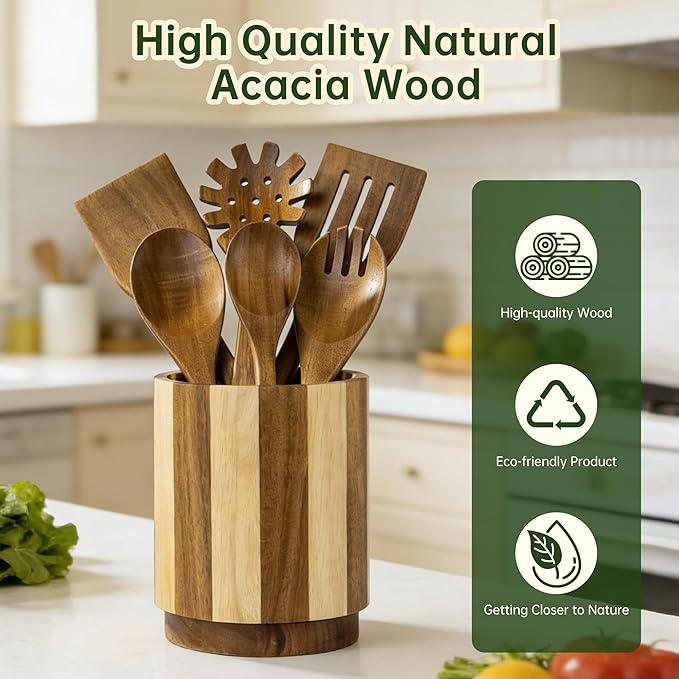 Wooden Utensil Holder, 360° Rotating Acacia Wood Kitchen Utensil Holder for Countertop, 7.2" Non-Slip Large Utensil Holder for Kitchen, Farmhouse Countertop Decor, Spatula Holders, Stripes
