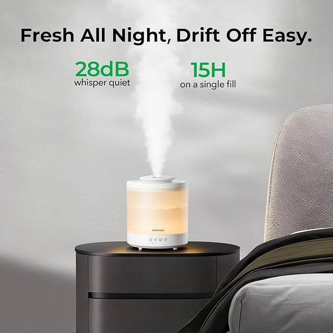 Homvana Small Humidifiers for Bedroom - 2 Packs 1.5L Cool Mist Top Fill Humidifier for Baby Nursery, Essential Oil Diffuser, 3 in 1 for Home Plants Offices and Grow Tents, 7 Color Lights, Ultrasonic