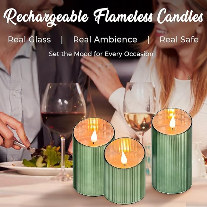 Rechargeable Flameless Candle, Flickering LED Pillar Glass Fake Candle with Remote and Timer, Built-in Battery Real Wax Electronic Candle for Room Decoration, Set of 3