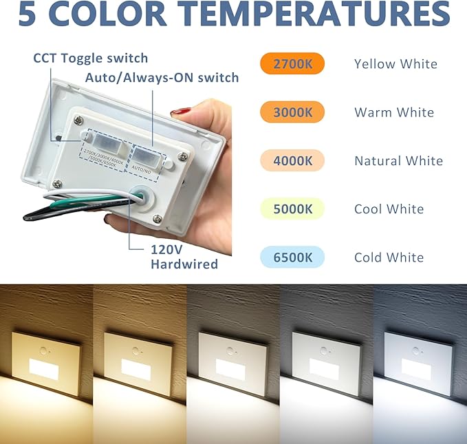 12 Pack Motion Sensor Stair Lights Indoor Outdoor, 120V Hardwired Motion Activated Step Lights, 4W 300LM Dimmable 5CCT Stairway Lighting, 2700K/3000K/4000K/5000K/6500K, ETL, White
