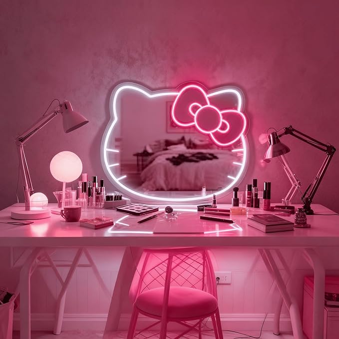 Hello Kit Mirror with Light Neon Signs for Room Decor, USB Powered Cute Cat LED Lights, Teen Girl Best Gift, Makeup Mirror Neon Sign Wall Decor (Warm White)