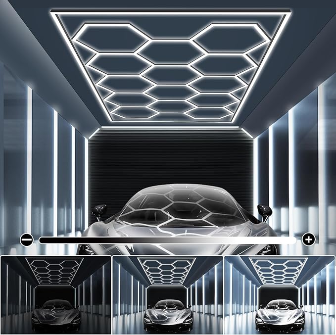 MODERN Hexagon Garage Light: Upgraded 3 Level Dimmable Hexagon Led Garage Light with Rectangle Frame 86400 Lumens 6500K for Garage, Basement, Warehouse, Auto Beauty Shop, Car Detailing Shop etc.