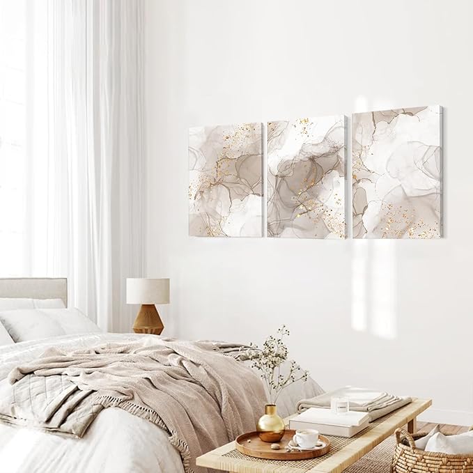 Beige Abstract Wall Art Set of 3,Beige Gold Boho Wall Decor Living Room,Netural Tones Mid Century Modern Framed Wall Art,Netural Boho Canvas Art Wall Decor Paintings for Bedroom Bathroom-12" x 16"