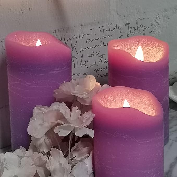 CANDLE CHOICE Real Wax Battery Operated Flameless Candles with Remote Automatic Daily Cycle Timer Realistic Flickering Electric LED Pillar Wedding Party Holiday Decoration 3 Pack Rustic Texture Purple