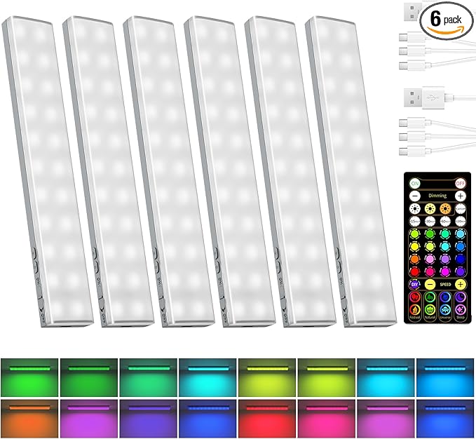 EZVALO 80 RGB Color Changing Under Cabinet Lighting Wireless, 1800mAh Rechargeable Shelf Lights, Magnetic, Timer & Dimmable Bar Light with Remote for Kitchen, Display Case, Cabinet, 6Pack