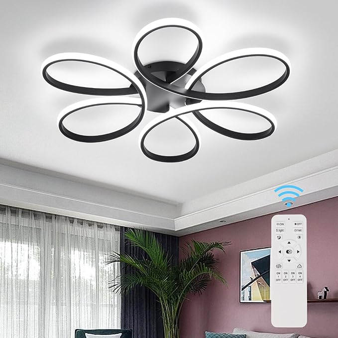 26inch Modern LED Ceiling Light, 6 Rings Flower Flush Mount Light Fixture with Remote Control Black Dimmable Ceiling Lamp for Living Room, Bedroom, Dining Room, Hallway, Kitchen