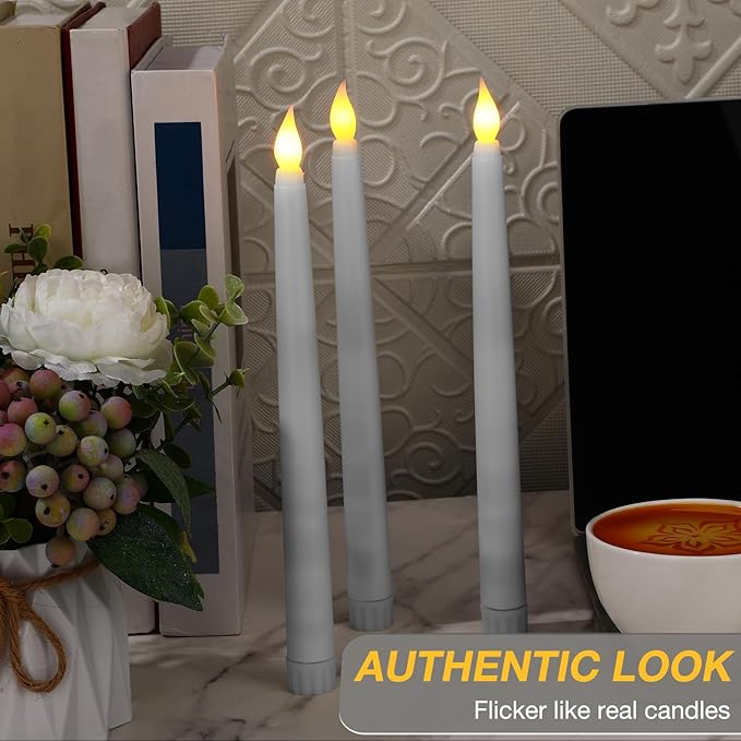 Tuanse 24 Pack Flameless Flicker Taper Candles Bulk with Remote and Timer, Battery Operated LED Warm White Taper Candles Light for Home Wedding Decoration Gifts(White,10 Inch)