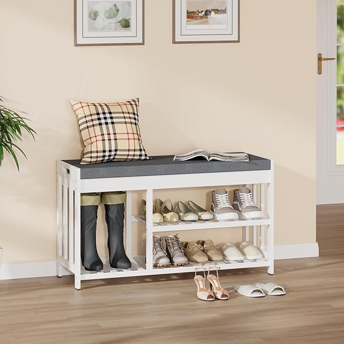 Shoe Rack Bench with Cushion,2 Tiers Shoe Bench with Flip-Top Storage,Wood Shoe Rack for Entryway, Hallway, Bedroom, Front Door Entrance (White)