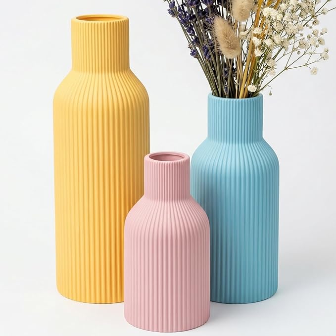 Colorful Ceramic Vases Set of 3 (Pink, Blue, Yellow) - Modern Matte Ribbed Color-Block Vases for Dried Flowers - Scandi Boho Decor Centerpieces for Living Room & Shelf