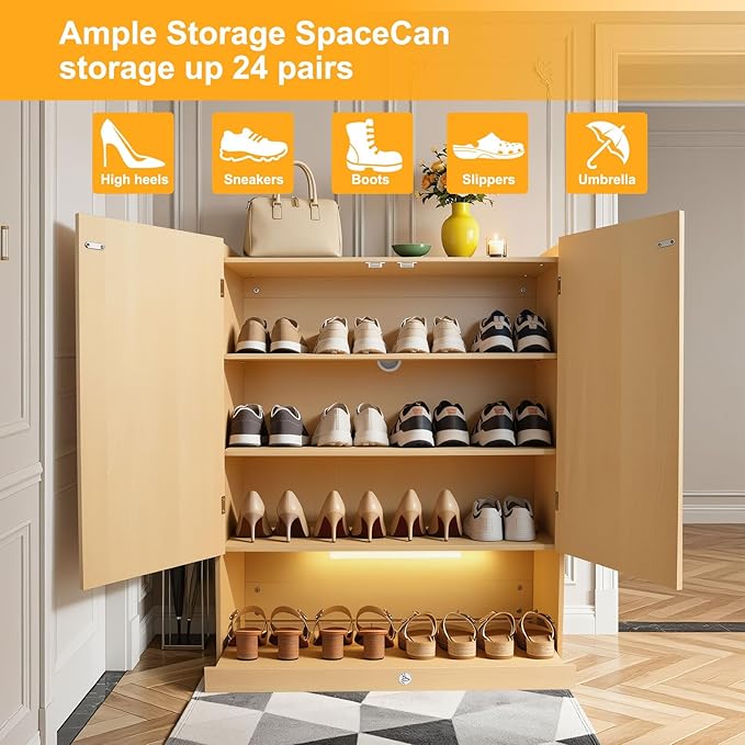 Shoe Cabinet with LED Light, 4-Tier Shoe Storage Cabinet with 2 Adjustable Shelves, Large Shoe Storage with Fluted Panel Modern Shoe Rack for Entryway, Bottom Pop-Up Shoe Rack, Natural Wood