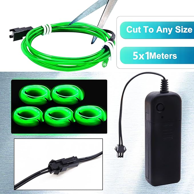 Ourbest EL Wire Lights Battery Powered, Wearable Led Wire Lights 5in1 neon String Light,DIY neon Sign kit Stay/Slow/Fast Flash Party Decoration 1M Green