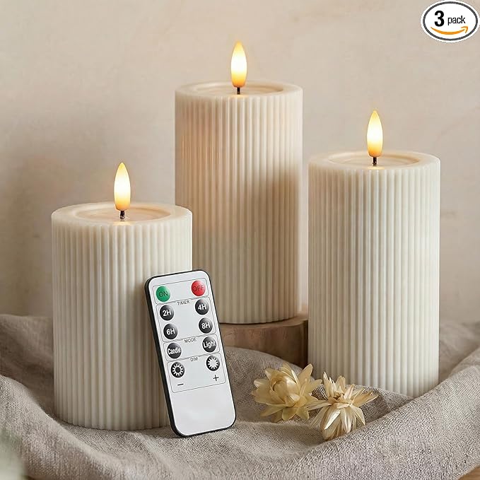 WYZworks Fluted Ribbed LED Pillar Candles, Cream Beige, with Realistic Reflective Melted-Wax Effect – Flickering Flame, Remote, Dimmable, Flameless, Battery Operated, Home & Wedding Decor (Set of 3)