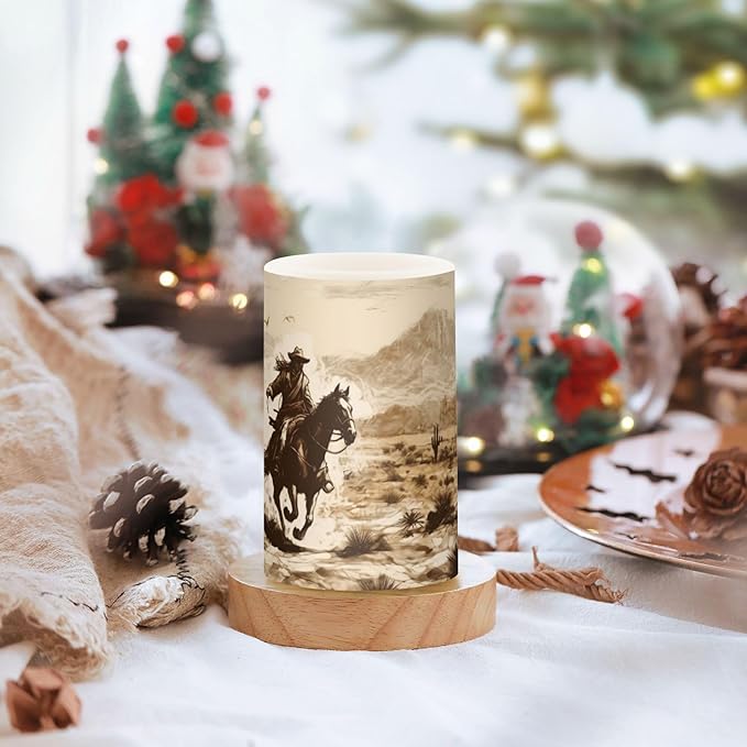 YETTASBIN Western Desert Cowboy Flameless Candles with Remote Control and Timer, Adjustable Brightness Long Lasting Battery Operated LED Pillar Candles for Indoor Outdoor Party Home Decor, 2 Pack