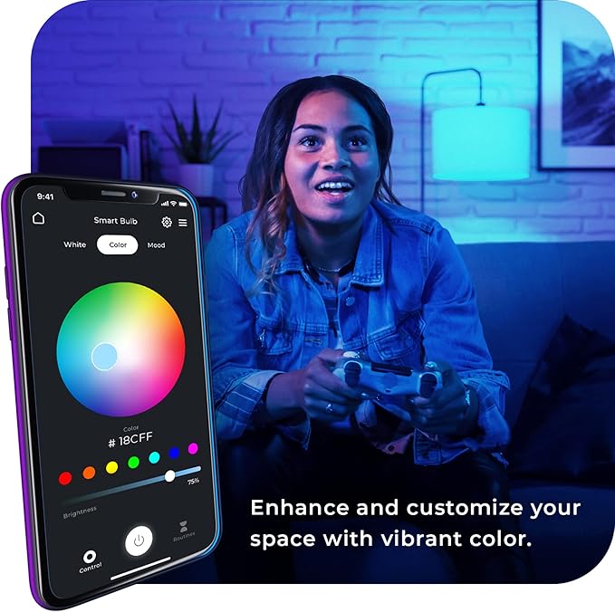 Globe Electric Wi-Fi Smart 10W LED Bulb, Multicolor RGB + Tunable White 2000K–5000K, A19 Shape, E26 Base, App + Voice Control, No Hub Required, 34212