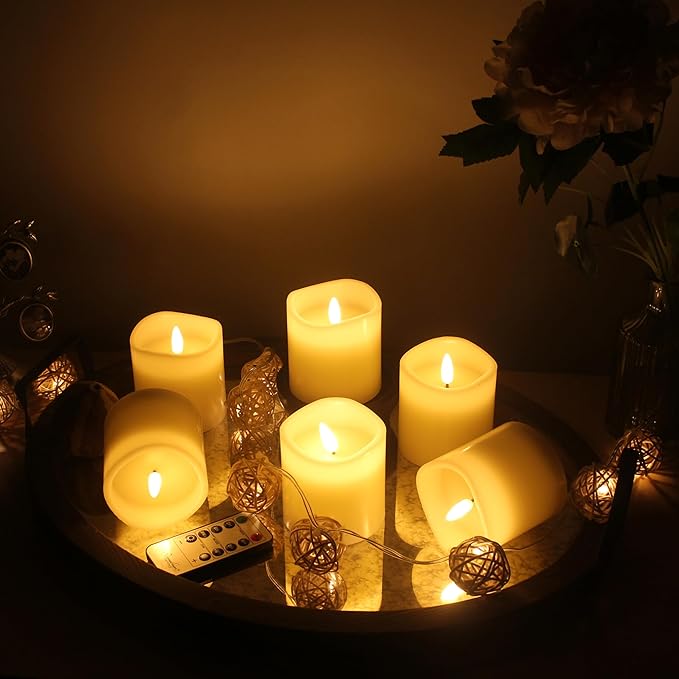 Stonebriar 6 Count Ivory Real Wax 3x3 Flameless LED Pillar Candles with Remote and Timer