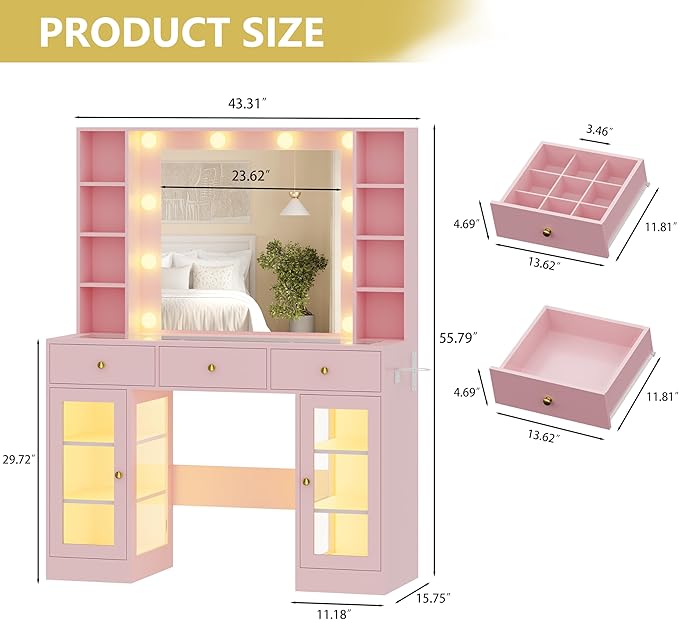 Makeup Vanity Desk with Mirror and Lights, Glass Top Vanity Table Set with Drawers & Power Outlet, Large Dressing Table with 3 Color Lighting Modes & RGB Cabinets for Women Girls Kids Bedroom, Pink
